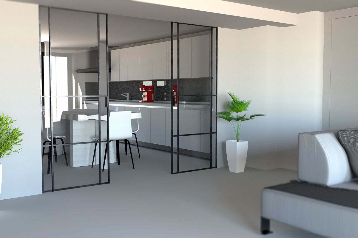 aluminium glass sliding door separating the kitchen and living room